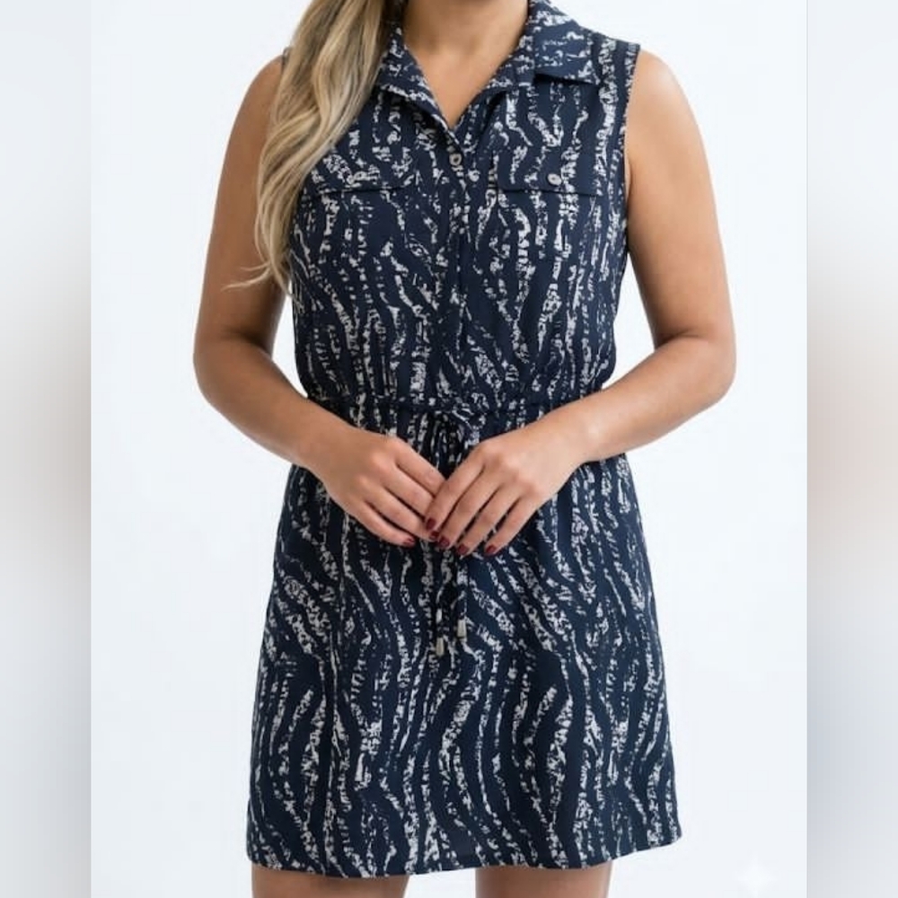 Mario Serrani Navy&White Abstract Zebra Print Sleeveless Shirt Dress Size M